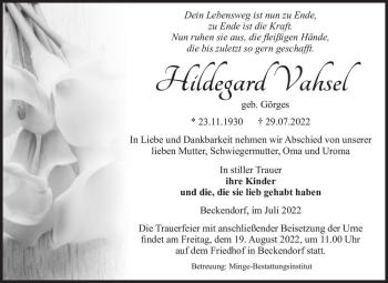 Traueranzeige von Hildegard Vahsel (geb. Görges)  von Magdeburger Volksstimme