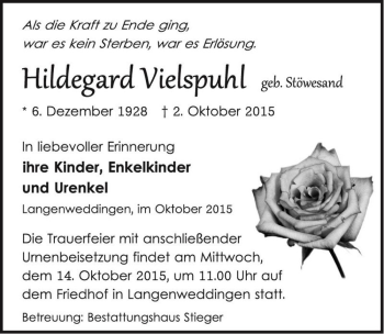 Traueranzeige von Hildegard Vielspuhl (geb. Stöwesand)  von Magdeburger Volksstimme