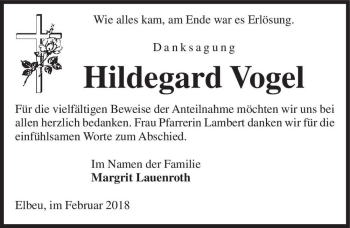 Traueranzeige von Hildegard Vogel  von Magdeburger Volksstimme