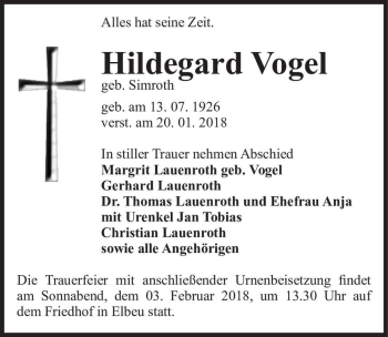 Traueranzeige von Hildegard Vogel (geb. Simroth)  von Magdeburger Volksstimme