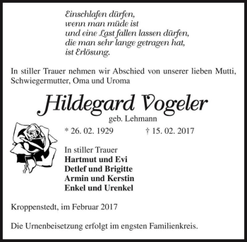 Traueranzeige von Hildegard Vogeler (geb. Lehmann)  von Magdeburger Volksstimme