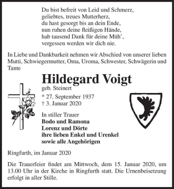 Traueranzeige von Hildegard Voigt (geb. Steinert)  von Magdeburger Volksstimme
