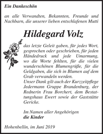 Traueranzeige von Hildegard Volz  von Magdeburger Volksstimme