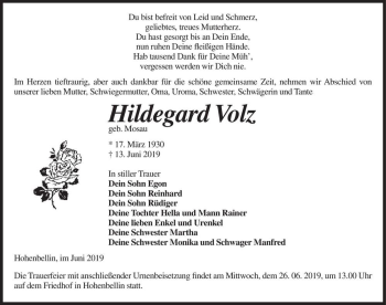 Traueranzeige von Hildegard Volz (geb. Mosau)  von Magdeburger Volksstimme