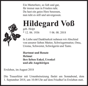 Traueranzeige von Hildegard Voß (geb. Heipt)  von Magdeburger Volksstimme