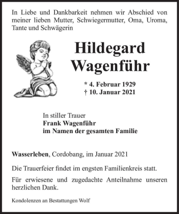 Traueranzeige von Hildegard Wagenführ  von Magdeburger Volksstimme