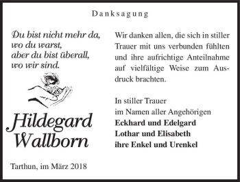 Traueranzeige von Hildegard Wallborn  von Magdeburger Volksstimme