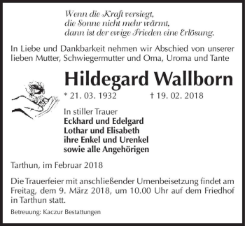 Traueranzeige von Hildegard Wallborn  von Magdeburger Volksstimme