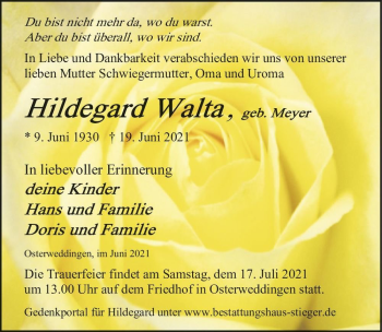 Traueranzeige von Hildegard Walta (geb. Meyer)  von Magdeburger Volksstimme