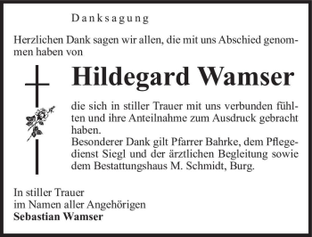 Traueranzeige von Hildegard Wamser  von Magdeburger Volksstimme