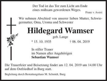 Traueranzeige von Hildegard Wamser (geb. Lange)  von Magdeburger Volksstimme