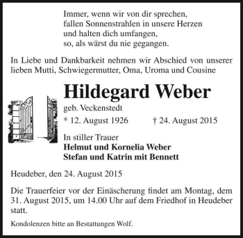 Traueranzeige von Hildegard Weber (geb. Veckenstedt)  von Magdeburger Volksstimme