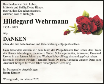 Traueranzeige von Hildegard Wehrmann  von Magdeburger Volksstimme
