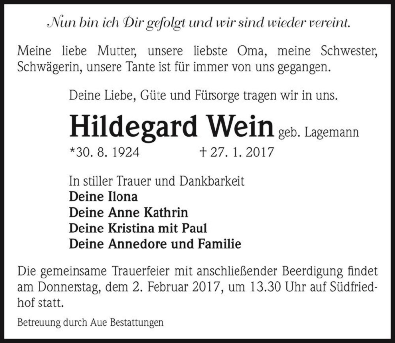  Traueranzeige für Hildegard Wein (geb. Lagemann)  vom 01.02.2017 aus Magdeburger Volksstimme