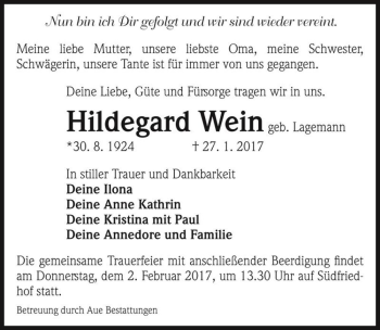 Traueranzeige von Hildegard Wein (geb. Lagemann)  von Magdeburger Volksstimme