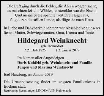 Traueranzeige von Hildegard Weinknecht (geb. Hermsdorf)  von Magdeburger Volksstimme