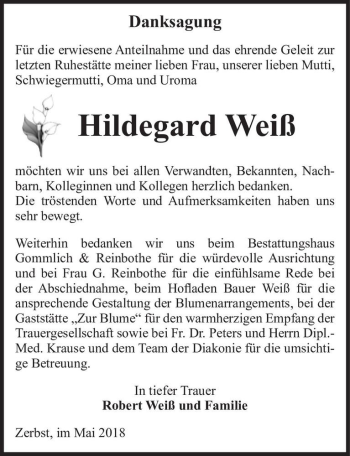 Traueranzeige von Hildegard Weiß  von Magdeburger Volksstimme