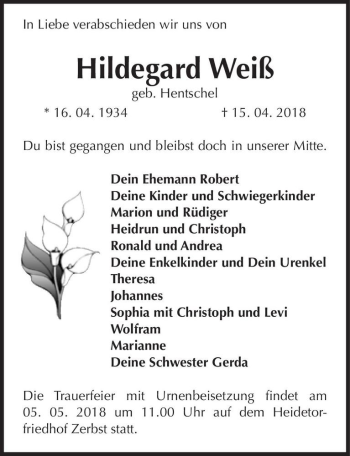 Traueranzeige von Hildegard Weiß (geb. Hentschel)  von Magdeburger Volksstimme