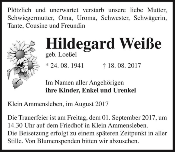 Traueranzeige von Hildegard Weiße (geb. Loeßel)  von Magdeburger Volksstimme