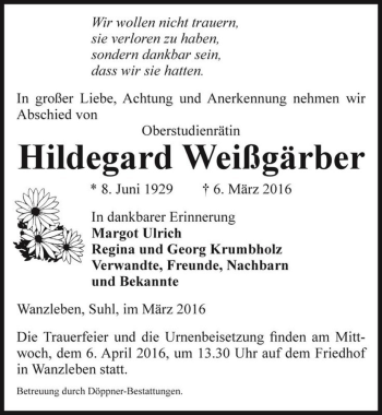 Traueranzeige von Hildegard Weißgärber  von Magdeburger Volksstimme