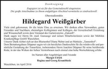 Traueranzeige von Hildegard Weißgärber  von Magdeburger Volksstimme