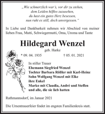 Traueranzeige von Hildegard Wenzel (geb. Harke)  von Magdeburger Volksstimme