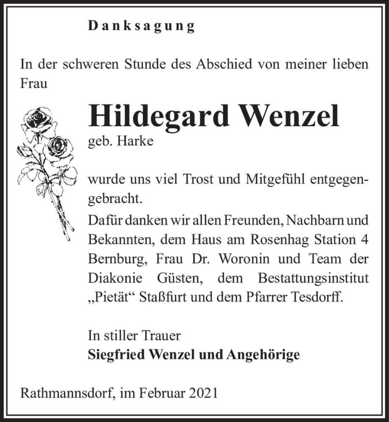  Traueranzeige für Hildegard Wenzel (geb. Harke)  vom 20.02.2021 aus Magdeburger Volksstimme