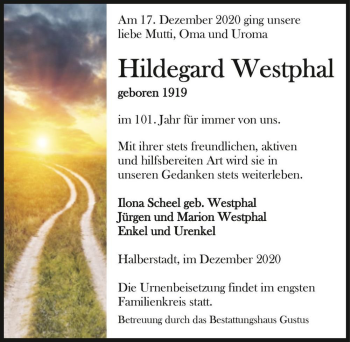 Traueranzeige von Hildegard Westphal  von Magdeburger Volksstimme