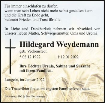 Traueranzeige von Hildegard Weydemann (geb. Veckenstedt)  von Magdeburger Volksstimme
