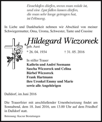 Traueranzeige von Hildegard Wiczoreck (geb. Aust)  von Magdeburger Volksstimme