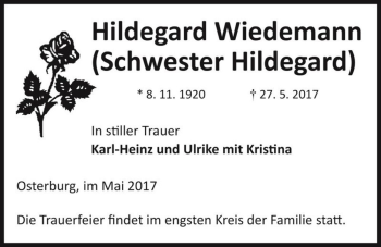 Traueranzeige von Hildegard Wiedemann  von Magdeburger Volksstimme