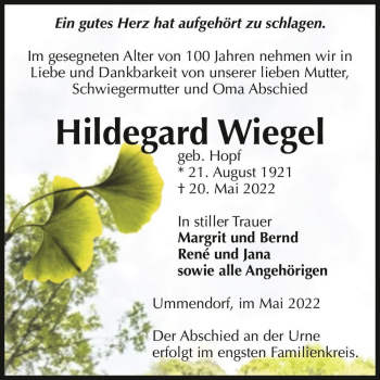 Traueranzeige von Hildegard Wiegel (geb. Hopf)  von Magdeburger Volksstimme