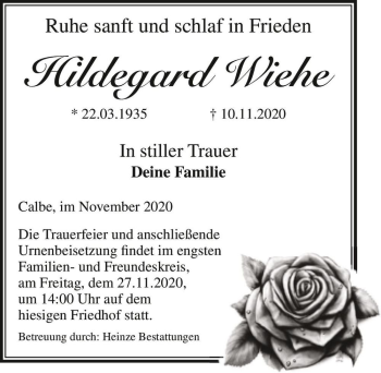 Traueranzeige von Hildegard Wiehe  von Magdeburger Volksstimme