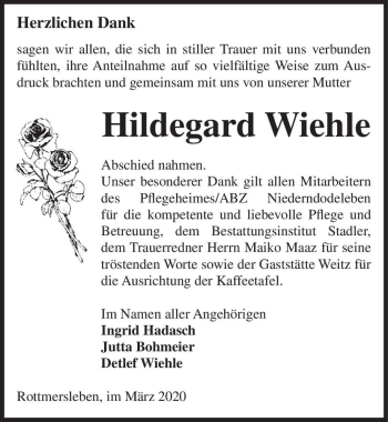Traueranzeige von Hildegard Wiehle  von Magdeburger Volksstimme