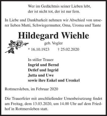 Traueranzeige von Hildegard Wiehle (geb. Vogler)  von Magdeburger Volksstimme