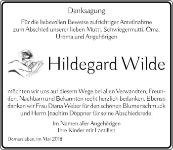 Traueranzeige von Hildegard Wilde  von Magdeburger Volksstimme