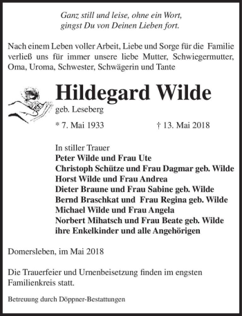 Traueranzeige von Hildegard Wilde (geb. Leseberg)  von Magdeburger Volksstimme