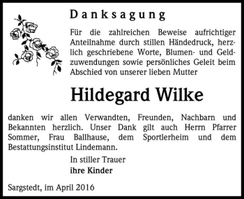 Traueranzeige von Hildegard Wilke  von Magdeburger Volksstimme