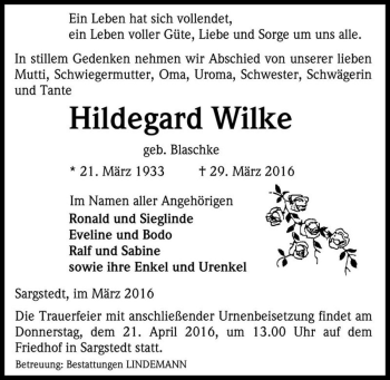 Traueranzeige von Hildegard Wilke (geb. Blaschke)  von Magdeburger Volksstimme