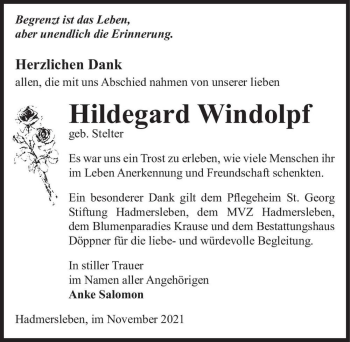 Traueranzeige von Hildegard Windolpf (geb. Stelter)  von Magdeburger Volksstimme