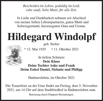 Traueranzeige von Hildegard Windolpf (geb. Stelter)  von Magdeburger Volksstimme