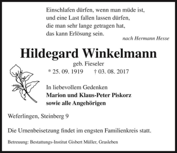 Traueranzeige von Hildegard Winkelmann (geb. Fieseler)  von Magdeburger Volksstimme