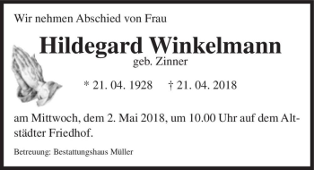 Traueranzeige von Hildegard Winkelmann (geb. Zinner)  von Magdeburger Volksstimme