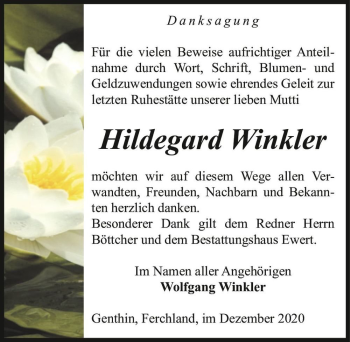 Traueranzeige von Hildegard Winkler  von Magdeburger Volksstimme