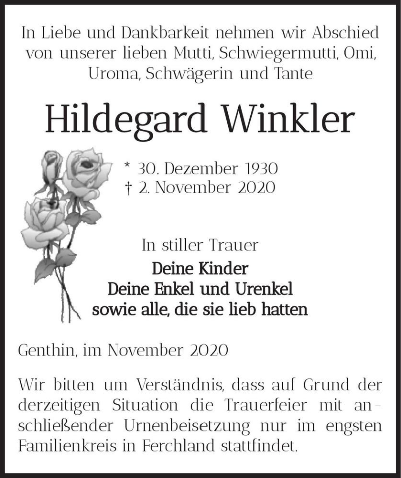  Traueranzeige für Hildegard Winkler  vom 07.11.2020 aus Magdeburger Volksstimme