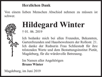 Traueranzeige von Hildegard Winter  von Magdeburger Volksstimme
