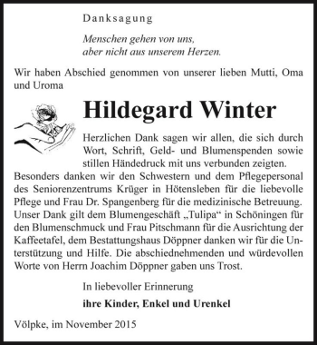 Traueranzeige von Hildegard Winter  von Magdeburger Volksstimme
