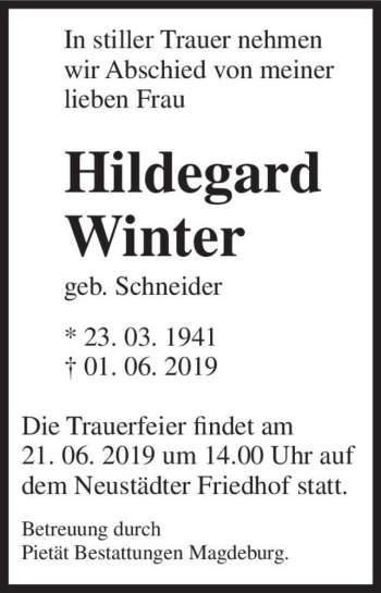 Traueranzeige von Hildegard Winter (geb. Schneider)  von Magdeburger Volksstimme