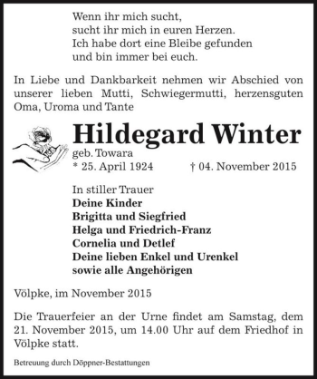 Traueranzeige von Hildegard Winter (geb. Towara)  von Magdeburger Volksstimme