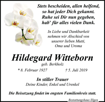 Traueranzeige von Hildegard Witteborn (geb. Berkholz)  von Magdeburger Volksstimme